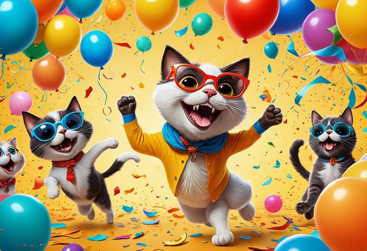 A vibrant collage of whimsical, cartoon-style characters sharing laughter and joy, with exaggerated facial expressions and colorful backgrounds. Include a variety of funny moments like a cat wearing sunglasses, a dog dancing, and a child slipping on a banana peel, all surrounded by cheerful elements like balloons and confetti. Bright and playful colors to evoke happiness. cartoon style. colorful background.