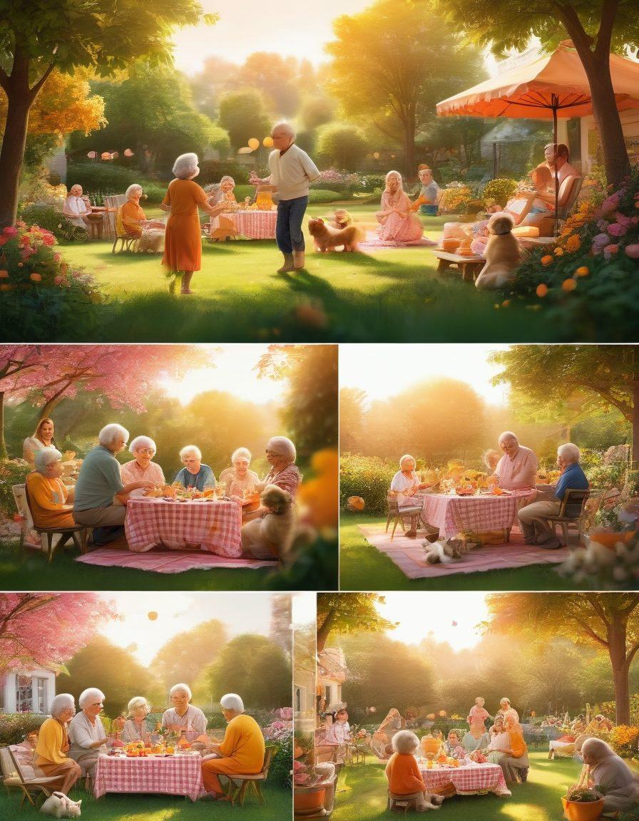 A lively collage of heartwarming scenes showcasing joyful moments: a child laughing while playing with a puppy, friends sharing a picnic in a sunny park, an elderly couple dancing in their living room, and a group of diverse people enjoying a community event. Incorporate warm colors and a sense of togetherness, with soft, glowing light to evoke happiness. cartoon style. vibrant colors. uplifting atmosphere.