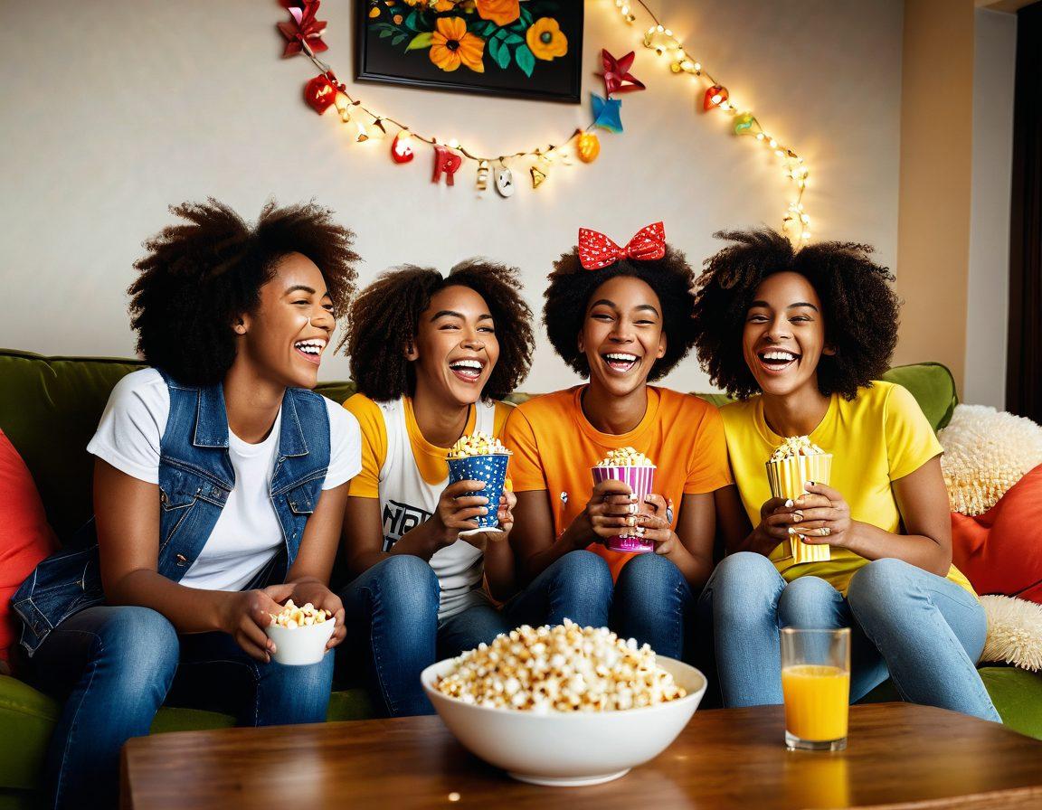 A joyful scene featuring a diverse group of friends laughing together while watching funny videos on a cozy living room couch. Bright and cheerful decorations surround them, with popcorn and drinks scattered on a colorful table. The atmosphere is warm and inviting, radiating happiness and positivity. Neon emoji icons float around, symbolizing laughter and joy. vibrant colors. 3D.